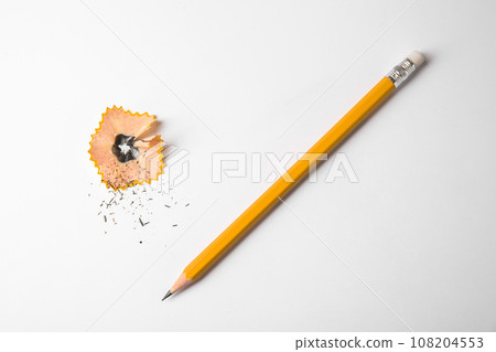 Graphite pencil and shaving on white background, top view 108204553