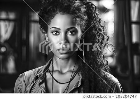 Frontal Black and White Portrait of a Young Dark-Skinned Woman with Curly Hair 108204747