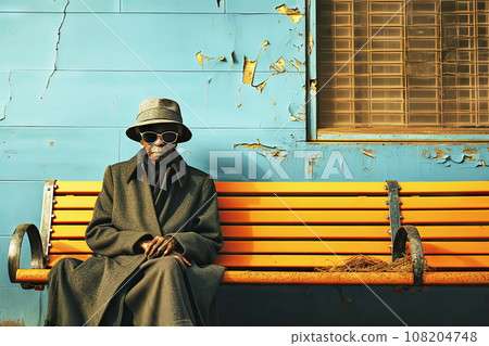 Lonely Black Woman in Worn-Out Clothing on a Yellow Bench in Front of a Blue Wall with Peeling Paint 108204748