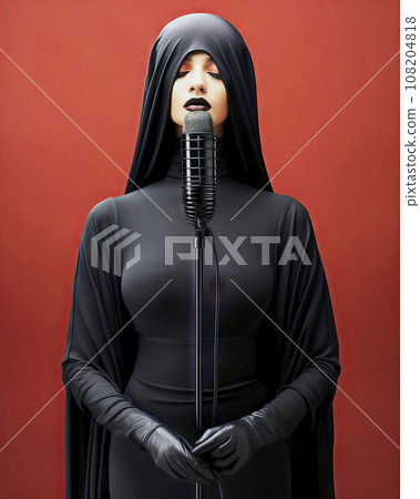 Woman in Black Full-Body Suit with Gloves and Headscarf Stands in Front of a Microphone Woman in Black Full-Body Suit with Gloves and Headscarf Stands in Front of a Microphone 108204818