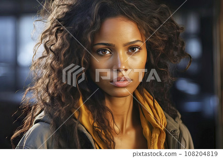 Frontal Portrait of a Young Dark-Skinned Woman with Curly Hair and Deeply Sad Brown Eyes Frontal Portrait of a Young Dark-Skinned Woman with Curly Hair and Deeply Sad Brown Eyes 108204819