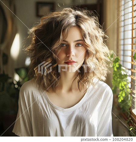 Young Woman with Baggy White Shirt and Unkempt Hair Wearing a Skeptical Expression in an Indoor Setting Young Woman with Baggy White Shirt and Unkempt Hair Wearing a Skeptical Expression in an Indoor Setting 108204820