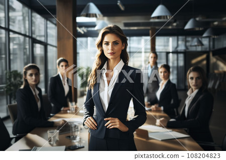 Confident Businesswoman in Formal Attire with Hands on Hips in a Meeting Room with Other Young Women Confident Businesswoman in Formal Attire with Hands on Hips in a Meeting Room with Other Young Women 108204823