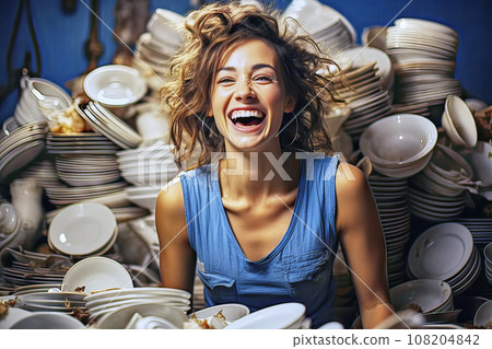 Wildly Laughing Housewife in Front of a Massive Pile of Dirty Dishes from Plates and Cups Wildly Laughing Housewife in Front of a Massive Pile of Dirty Dishes from Plates and Cups 108204842