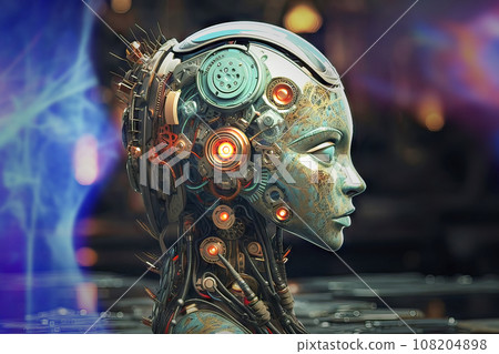 Side View of an Android Robot Head with Gears, Cogs, and Circuits Side View of an Android Robot Head with Gears, Cogs, and Circuits 108204898