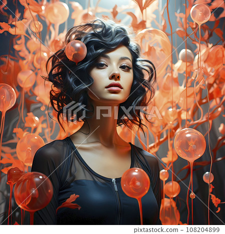 Young Woman with Unkempt Black Hair Amidst Floating Red Bubbles Young Woman with Unkempt Black Hair Amidst Floating Red Bubbles 108204899