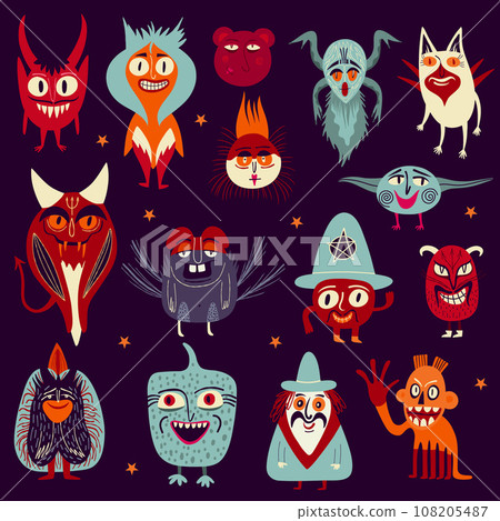 Vibrant Strange ugly Halloween characters. Cute bizarre comic characters in modern flat hand drawn style Vibrant Strange ugly Halloween characters. Cute bizarre comic characters in modern flat hand drawn style 108205487