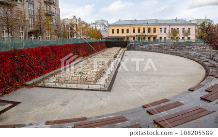 An open fragment of the White City Wall on Pokrovsky Boulevard in the center of the Russian capital. An open fragment of the White City Wall on Pokrovsky Boulevard in the center of the Russian capital. 108205589