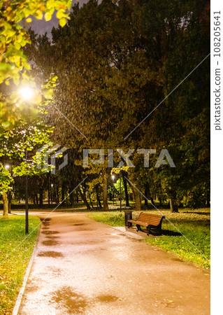 wet wooden bench in park on rainy autumn night 108205641