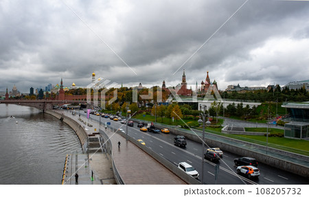Automobile traffic on Moskvoretskaya embankment near Zaryadye Park. Automobile traffic on Moskvoretskaya embankment near Zaryadye Park. 108205732