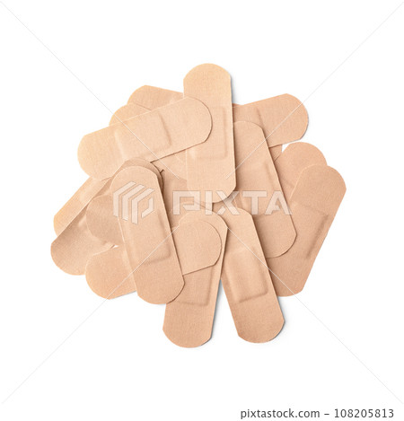 Medical sticking plasters isolated on white. First aid item Medical sticking plasters isolated on white. First aid item 108205813