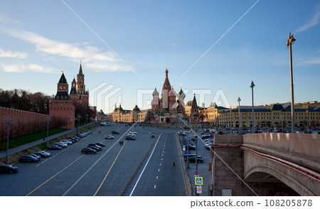 St. Basil's Cathedral and Vasilievsky Descent at the walls of the Moscow Kremlin on a spring evening. St. Basil's Cathedral and Vasilievsky Descent at the walls of the Moscow Kremlin on a spring evening. 108205878