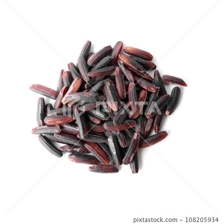 Uncooked organic brown rice isolated on white, top view 108205934