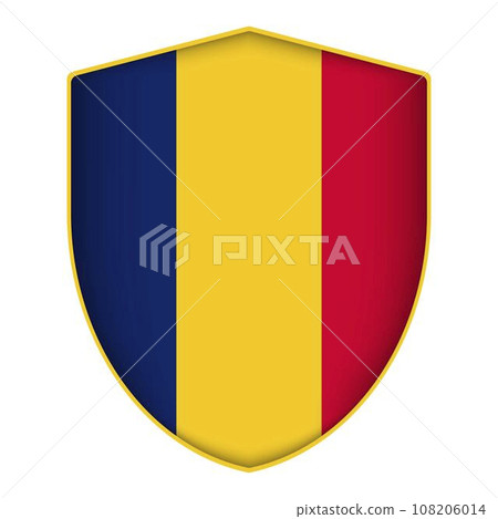 Chad flag in shield shape. Vector illustration. Chad flag in shield shape. Vector illustration. 108206014