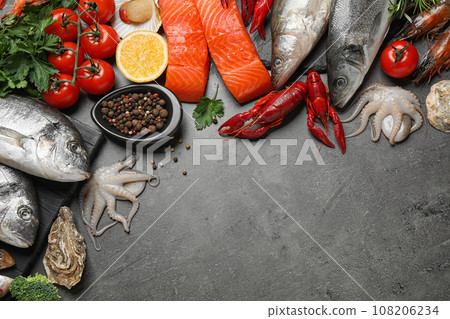 Fresh fish and different seafood on grey table, flat lay. Space for text 108206234