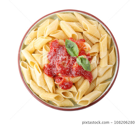 Delicious maltagliati pasta with tomato sauce isolated on white, top view Delicious maltagliati pasta with tomato sauce isolated on white, top view 108206280