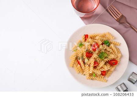 Flat lay composition with tasty pasta on white table, space for text 108206433