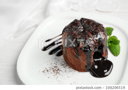 Delicious warm chocolate lava cake on plate, closeup Delicious warm chocolate lava cake on plate, closeup 108206519
