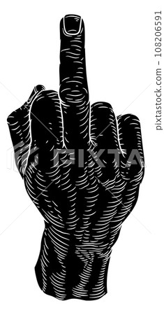 Hand Giving the Finger Bird Gesture Woodcut 108206591