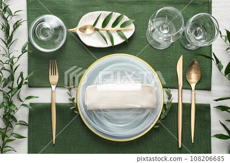 Elegant festive setting on white wooden table, flat lay 108206685