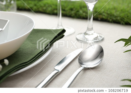 Elegant cutlery with on table, closeup. Festive setting 108206719