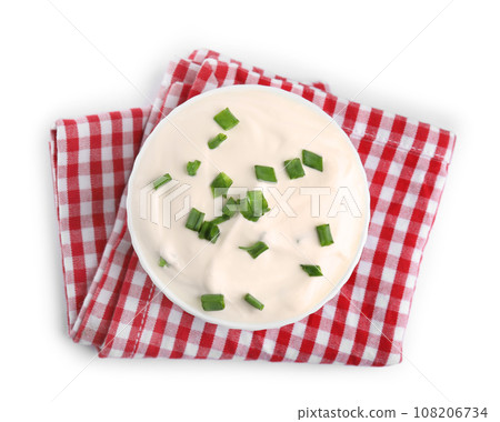 Fresh sour cream with onion and fabric on white background, top view Fresh sour cream with onion and fabric on white background, top view 108206734