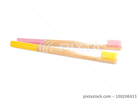 Natural bamboo toothbrushes with soft bristles isolated on white 108206913