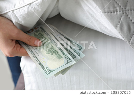 Woman hiding dollar banknotes under blanket in bedroom, closeup. Money savings Woman hiding dollar banknotes under blanket in bedroom, closeup. Money savings 108207035