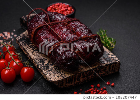 Delicious black blood sausage or black pudding with spices and herbs 108207447