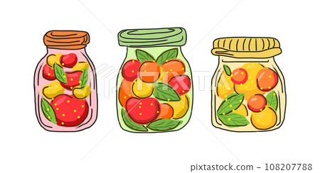 Fruit juice, compote, canned fruit in a jar. Vector isolated. Set of 3 colored glass jars with berry drink, whole fruits and mint leaves. Apple, peach, apricot drinks. Home canning. Organic eco jam 108207788