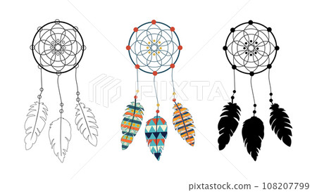Native American Indian Dream Catchers set. In color, silhouette, outline. Vector isolated on white. Mandala and feathers. Indian culture. Ethnic spiritual talisman. Spiritualism. Hippie design print. 108207799