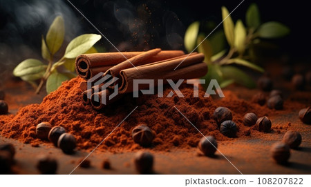 Spice cinnamon. Whole sticks and powder. Dark background. Blurred green leaves. Aromatic seasoning for tea, hot chocolate, coffee, cocoa, mulled wine. organic. Tea house, cafe, restaurant spice shop 108207822