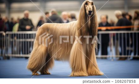 Pedigreed purebred Afghan hound dog at an exhibition of purebred dogs. Dog show. Animal exhibition. Competition for the most purebred dog. Winner, first place, main prize. Advertising, banner, poster 108207858