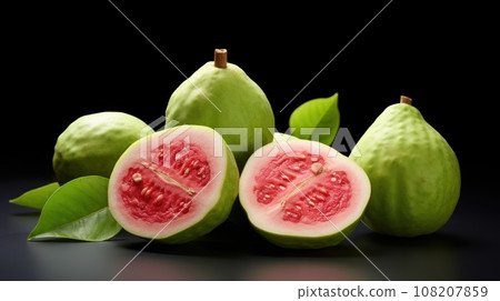 Guava fruits on black background. Whole and halves. Green peel, red flesh. Psidium guajava. Exotic tropical fruit. healthy vegan dessert. Macro. Organic eco. Food blog, shop, supermarket, restaurant 108207859
