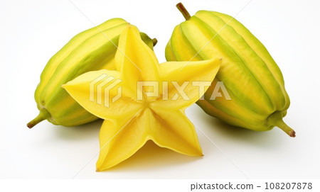 Carambola fruit on a white background. Exotic yellow fruit. The fruit of the carambola tree. Species of the genus Averrhoa of the Oxalis family. Sweet healthy vegetarian dessert. Close up. Food Photo 108207878
