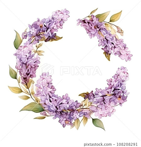 Watercolor floral frame with text space. Watercolor illustration of floral frame with lilac and gold 108208291