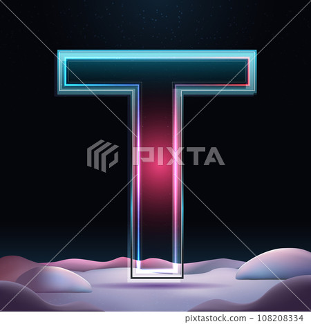 3D glass letter T with neon light insight. Big relistic letter with sparkles and winter background. Holiday decoration. Element for design poster, advertisign or game 108208334