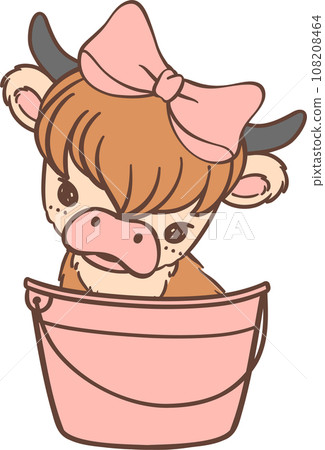Baby Highland Cow sitting with Bow cartoon  108208464