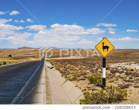Picturesque llama warning road sign beside an asphalt highway, Salinas Y Aguada Blanca National Reserve, Arequipa region, Peru 108208653