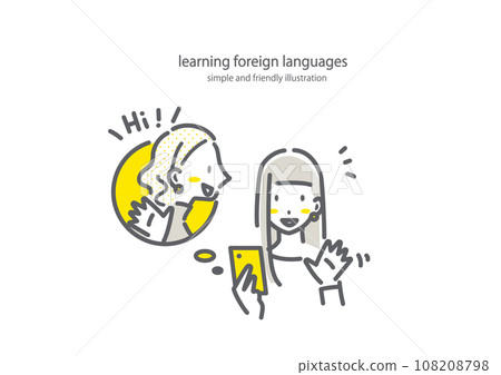 A young woman who easily learns English conversation using a smartphone. Simple and stylish line drawing illustration. A young woman who easily learns English conversation using a smartphone. Simple and stylish line drawing illustration. 108208798
