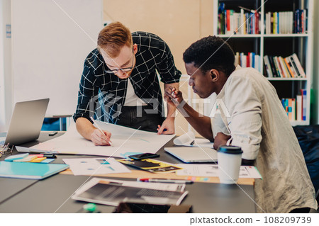 Team of diverse employees thinking on project Team of diverse employees thinking on project 108209739