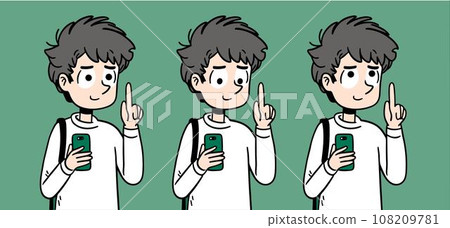 Illustration of a man holding a smartphone and pointing 108209781