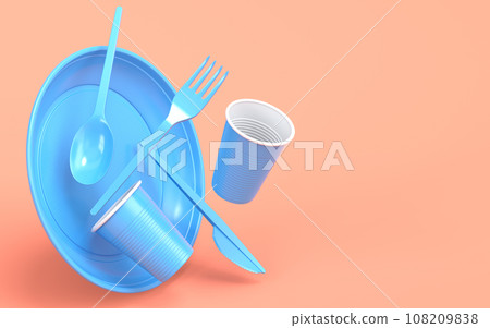Set of disposable utensils like plate, folk, spoon,knife and cup on monochrome 108209838
