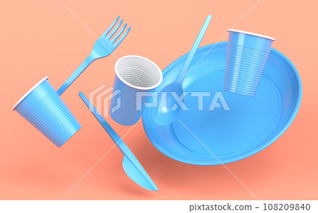 Set of disposable utensils like plate, folk, spoon,knife and cup on monochrome 108209840