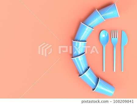 Set of disposable utensils like plate, folk, spoon,knife and cup on monochrome Set of disposable utensils like plate, folk, spoon,knife and cup on monochrome 108209841