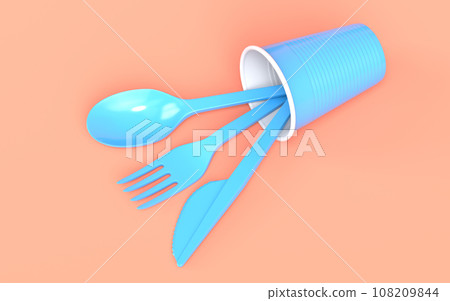 Set of disposable utensils like folk, spoon,knife and cup on monochrome 108209844