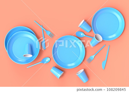 Set of disposable utensils like plate, folk, spoon,knife and cup on monochrome Set of disposable utensils like plate, folk, spoon,knife and cup on monochrome 108209845