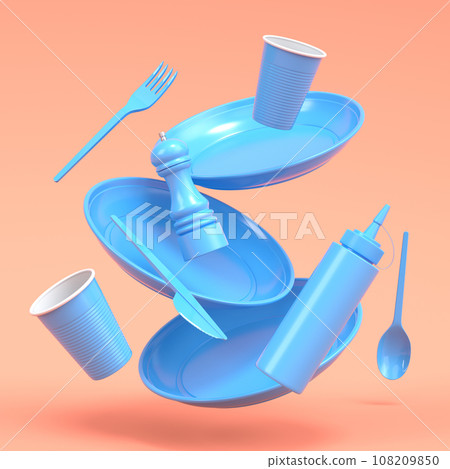 Set of disposable utensils like plate, folk, spoon,knife, cup and pepper mill Set of disposable utensils like plate, folk, spoon,knife, cup and pepper mill 108209850