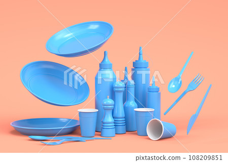 Set of disposable utensils like plate, folk, spoon,knife, cup and pepper mill 108209851