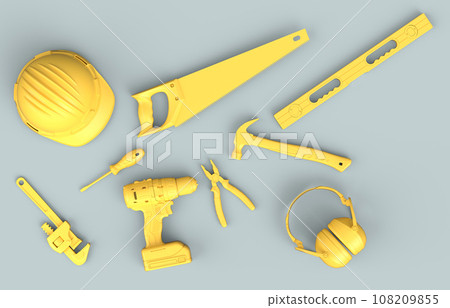 Top view of monochrome construction tools for repair on grey background 108209855